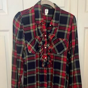 Gap, ruffle front scotch plaid button down flannel, size medium